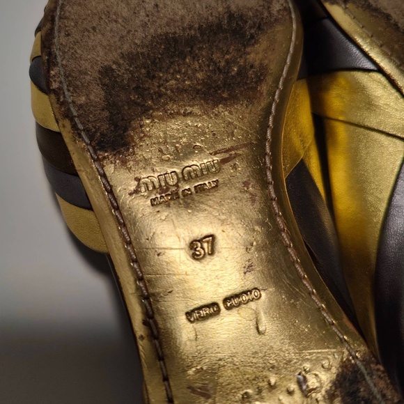 Miu Miu Open Toe Flats Sz 37, Gold, Bronze, Gray, Leather, Made in Italy - Picture 4 of 5